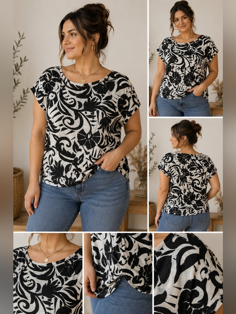 SHEIN Curve 1XL Black & White Abstract Print Blouse